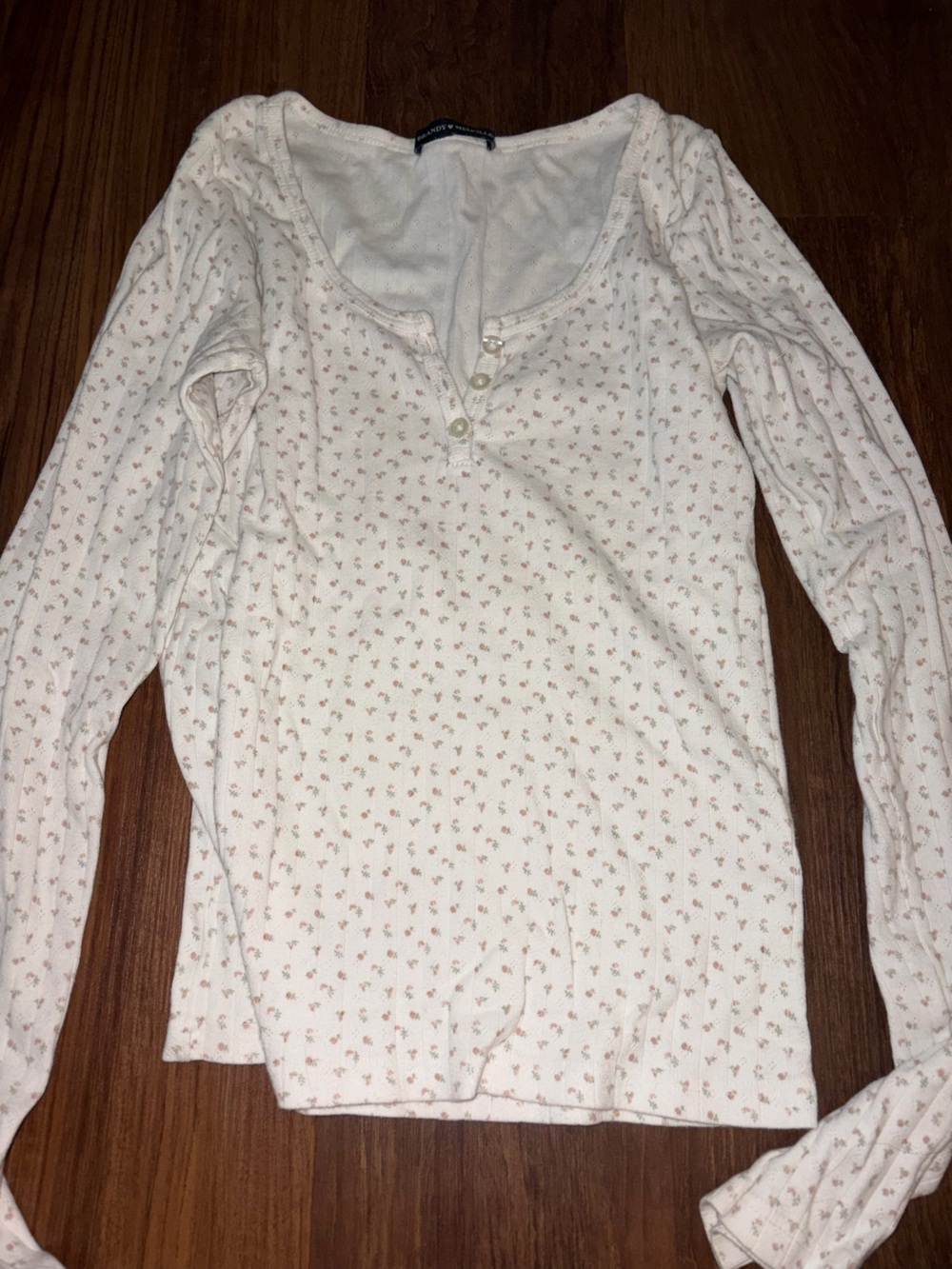 Brandy Melville Cream Long Sleeve Henley Top with Tiny Floral Print